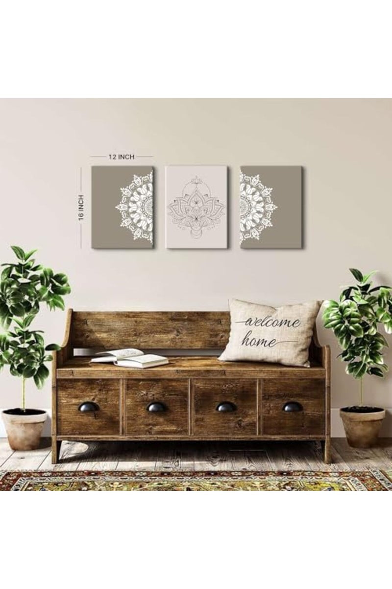 AREBOLO Mandala Wall Art Beige Grey Abstract Wall Decor Boho Canvas Paintings for Living Room Bedroom Brown Neutral Geometric Bohemian Art Prints Walls Floral Posters Artwork Yoga Room Decoration 12x16” 3Pcs - Image 5