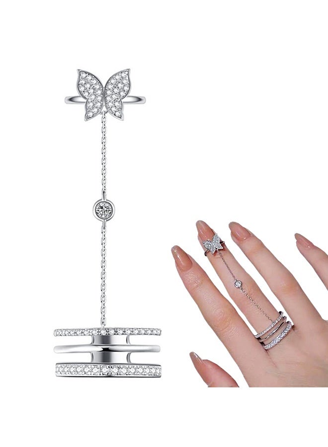 خاتم بتصميم عصري للسيدات - خاتم سلسلتي على شكل فراشة أنيق وجديد - لون فضي - Image 1