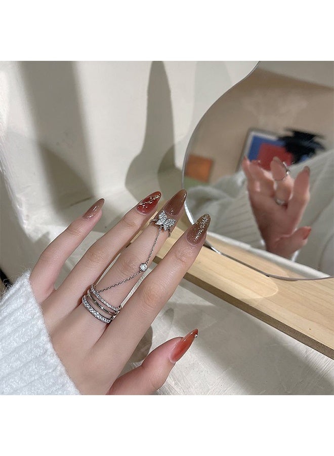 خاتم بتصميم عصري للسيدات - خاتم سلسلتي على شكل فراشة أنيق وجديد - لون فضي - Image 2