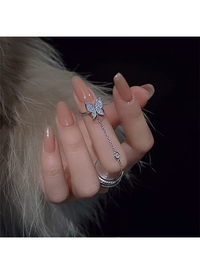 خاتم بتصميم عصري للسيدات - خاتم سلسلتي على شكل فراشة أنيق وجديد - لون فضي - Image 4