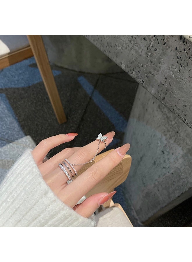 خاتم بتصميم عصري للسيدات - خاتم سلسلتي على شكل فراشة أنيق وجديد - لون فضي - Image 3