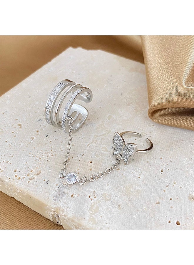 خاتم بتصميم عصري للسيدات - خاتم سلسلتي على شكل فراشة أنيق وجديد - لون فضي - Image 5