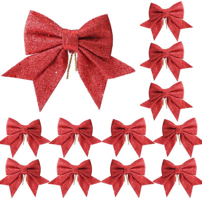 YUNSTK 12pcs Glitter Christmas Bows Red Bows for Christmas Tree 55in Wreaths Bows Xmas Bow Decorations Sequin Bow Ties Red Christmas Bows for Xmas Tree Wreaths Garland Gift Wrapping Decor