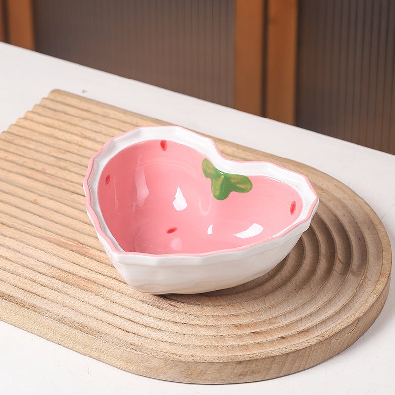 Internet Celebrity Ins Strawberry Bowl Spoon Plate Set Girly Heart Dessert Salad Heart Shaped Bowl Household Tableware Ceramic(6 "Strawberry Love Bowl) - Image 1