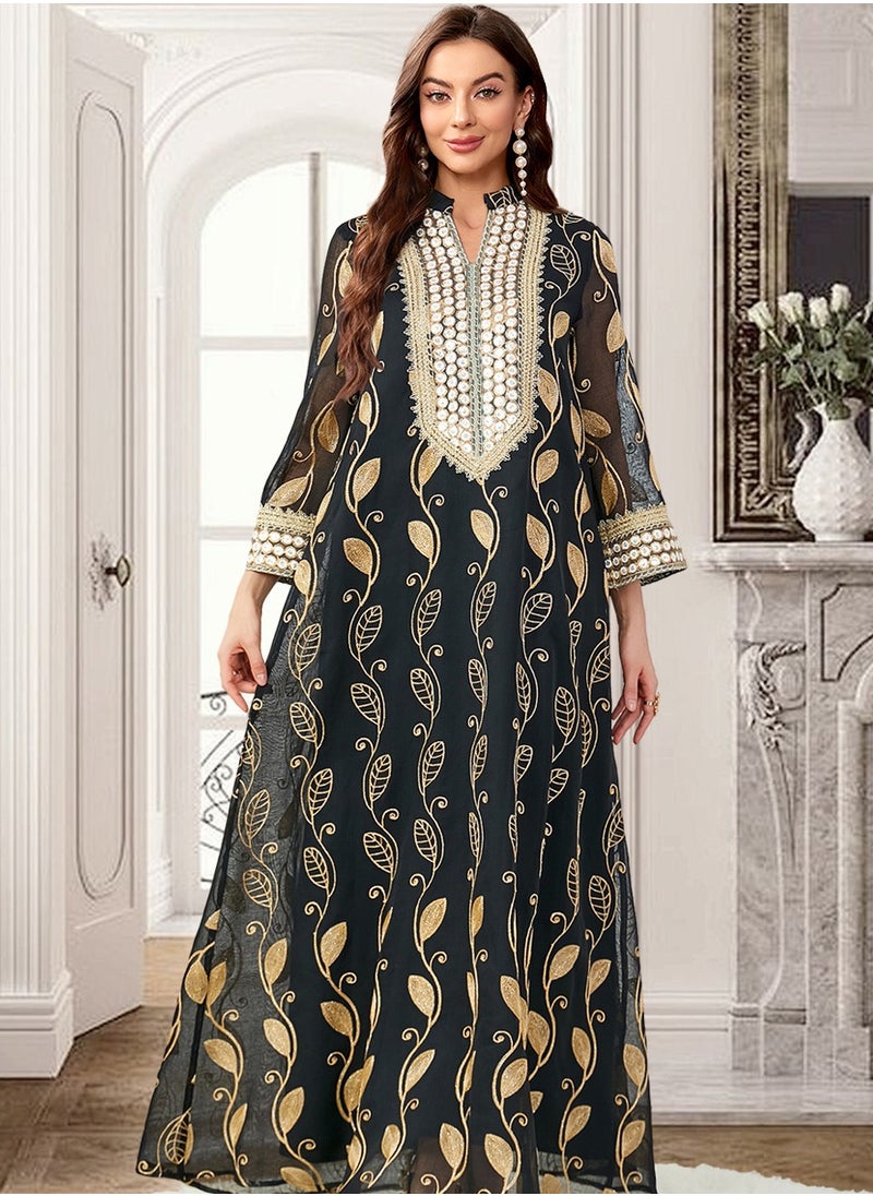 مدام يونيك إمرأة أنيق خمر رقعة عنق ثوب فضفاض طويل مخمل أسود  - Image 5