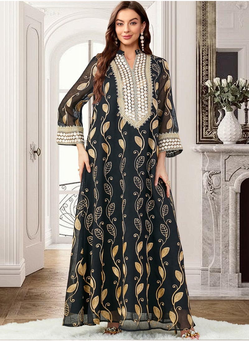 مدام يونيك إمرأة أنيق خمر رقعة عنق ثوب فضفاض طويل مخمل أسود  - Image 4