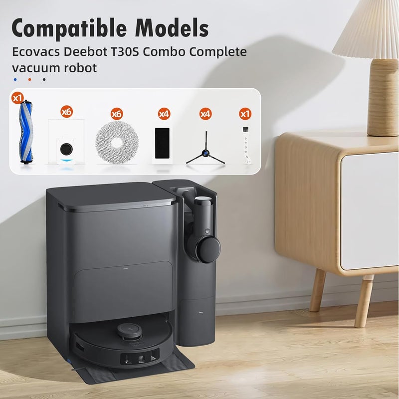 22 قطعة من مجموعة إكسسوارات مكنسة الروبوت ECOVACS DEEBOT T30S Combo، تشمل: فرشاة مطاطية واحدة، 4 فلاتر، 6 وسائد، كيس غبار مخصص لمكنسة T30S، 4 فرشات جانبية، وأداة تنظيف واحدة. - Image 2