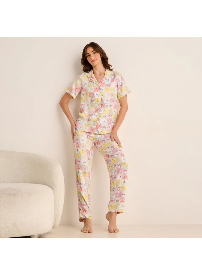 Splash FAV Pyjama Set Button Down Shirt and Pants with Eye Mask Viscose