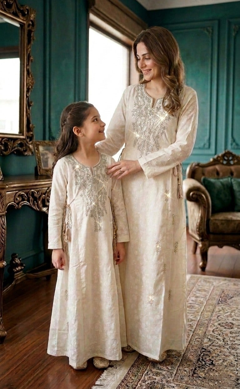 جلابية نسائية للأم والبنت مع تطريز فاخر - Image 1