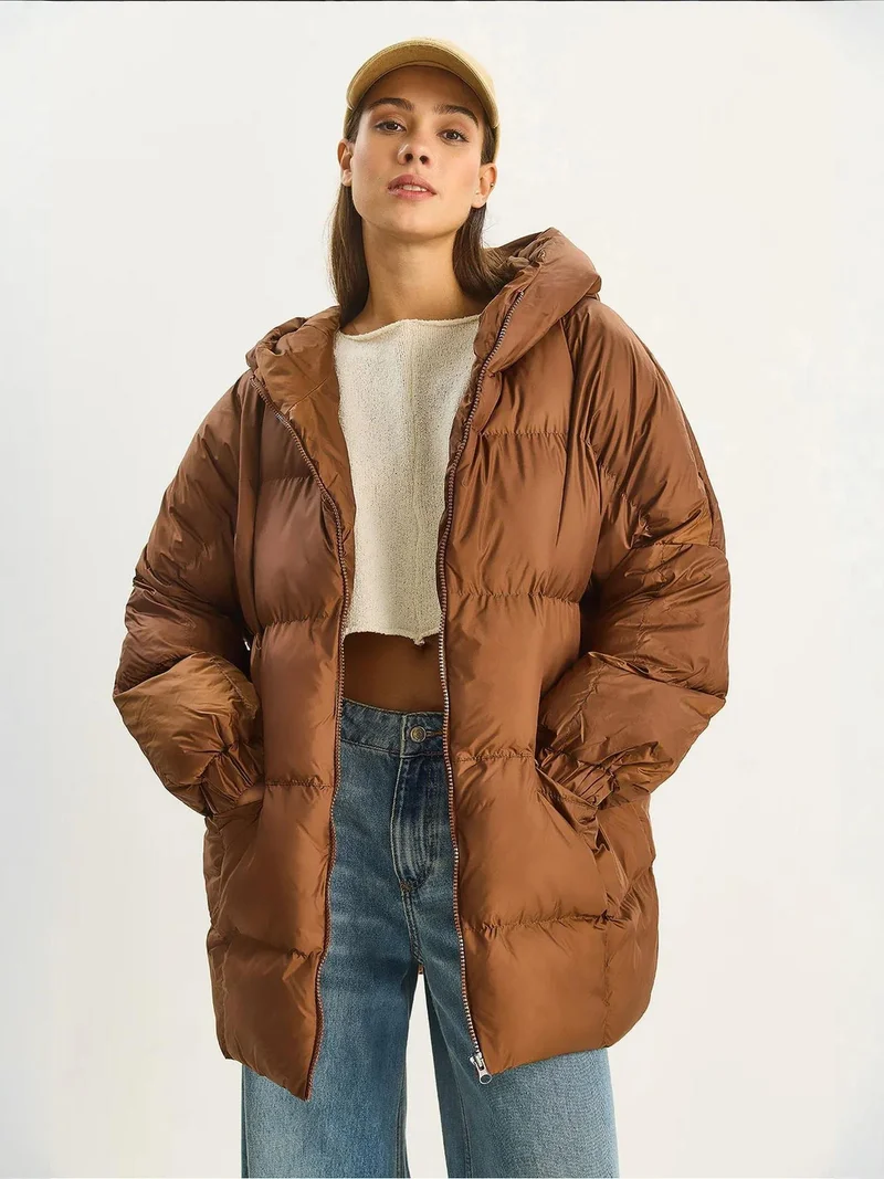 Bianco Lucci Mocha Brown LUCCI Hooded Oversized Thick Puffer Jacket for Women | Best Price UAE