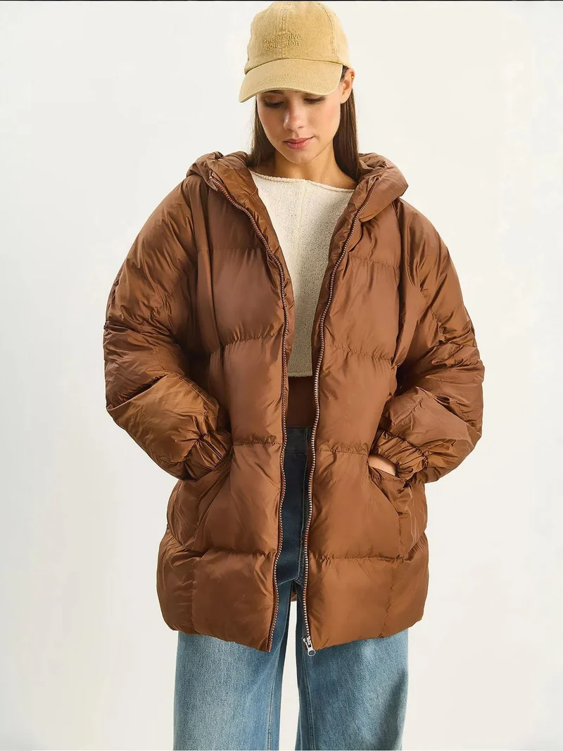 Bianco Lucci Mocha Brown LUCCI Hooded Oversized Thick Puffer Jacket for Women | Best Price UAE