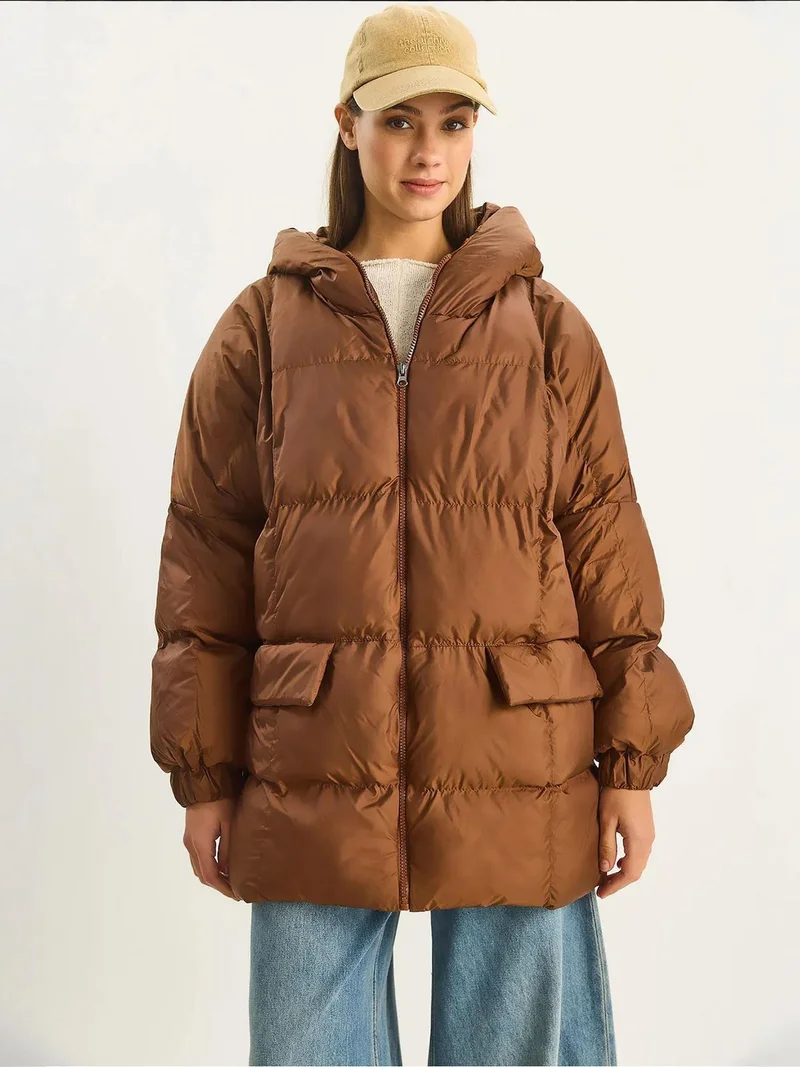 Bianco Lucci Mocha Brown LUCCI Hooded Oversized Thick Puffer Jacket for Women | Best Price UAE