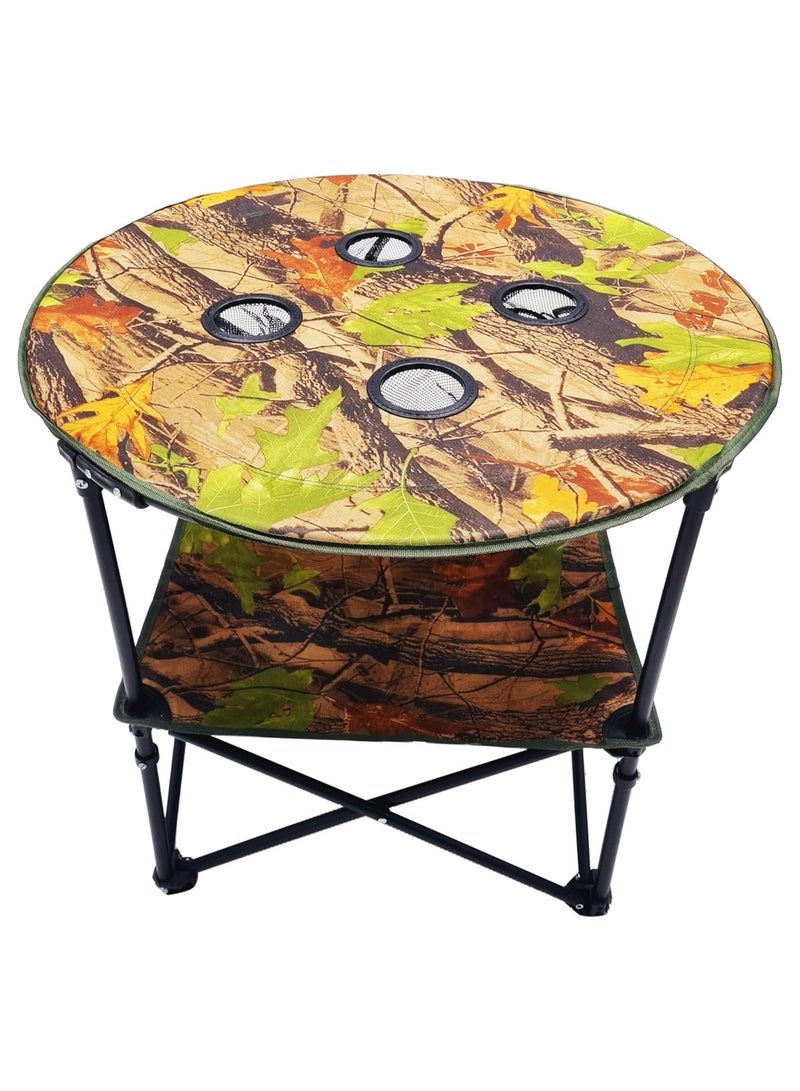Outdoor Folding Round Table, 65cm Height, 62cm Width, 2 Levels, 4 Drink Holders, Camo Printed Camping Table - Image 1