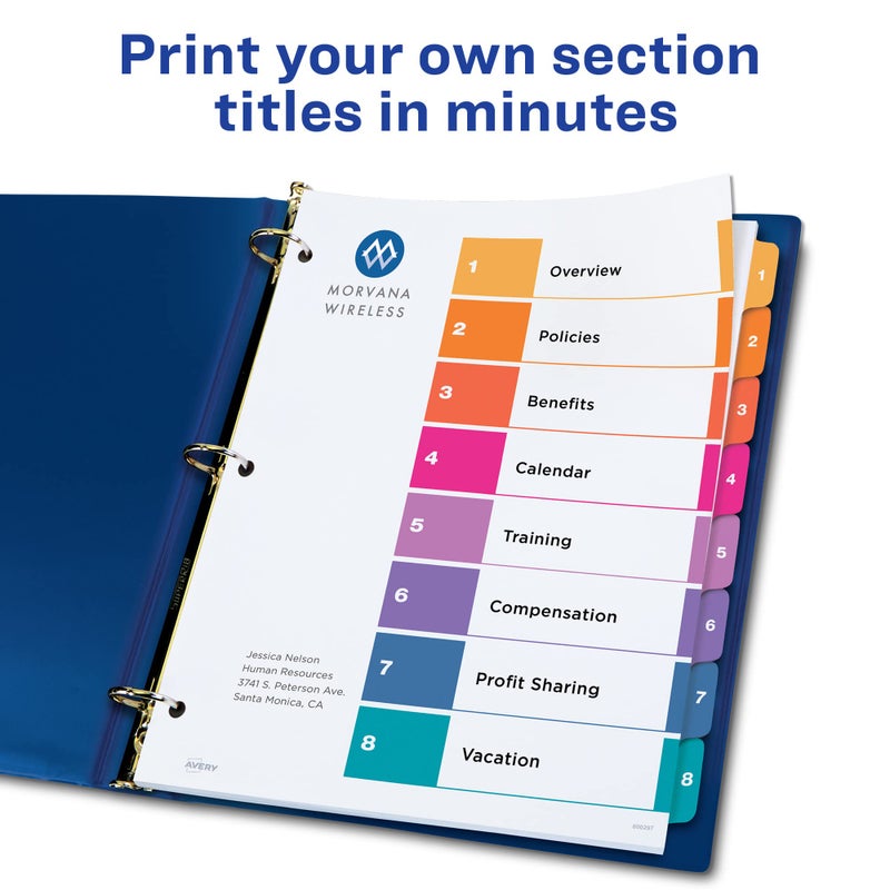 Avery 8 Tab Dividers for 3 Ring Binders, Customizable Table of Contents, Multicolor Tabs, 6 Sets (11186) - Image 2