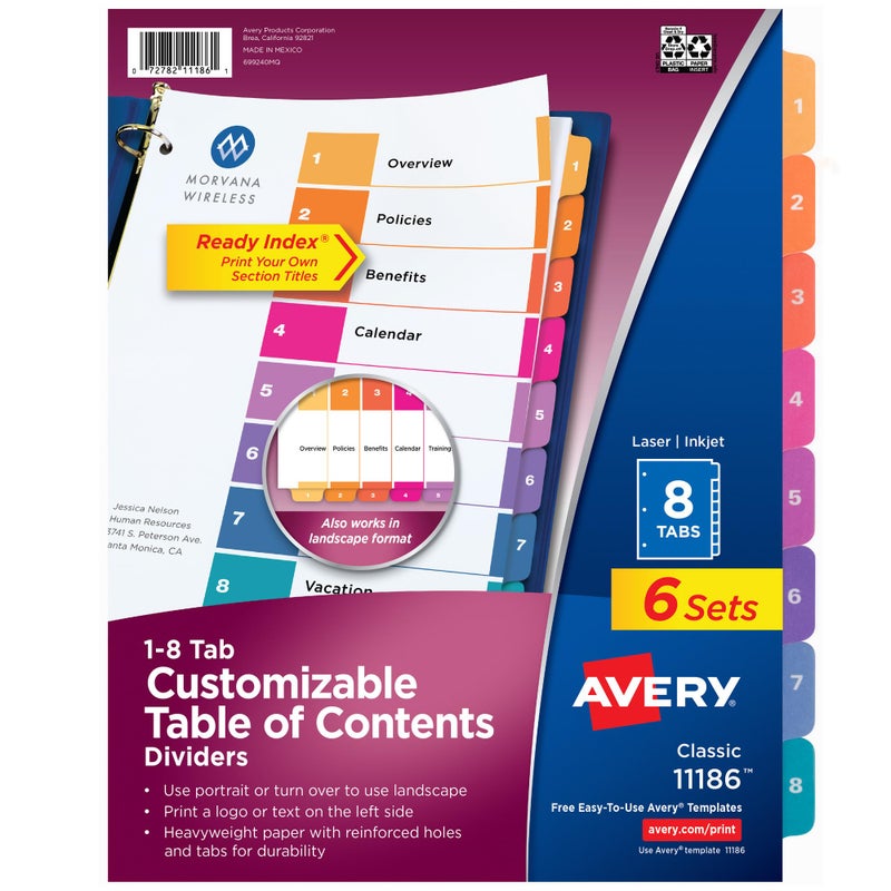 Avery 8 Tab Dividers for 3 Ring Binders, Customizable Table of Contents, Multicolor Tabs, 6 Sets (11186) - Image 1