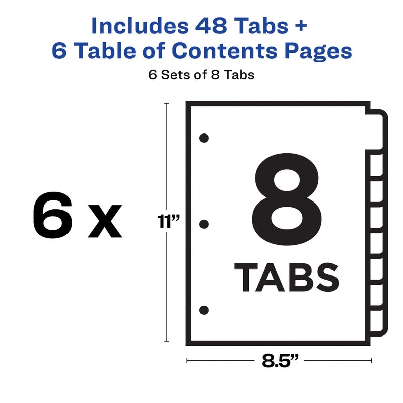 Avery 8 Tab Dividers for 3 Ring Binders, Customizable Table of Contents, Multicolor Tabs, 6 Sets (11186) - Image 4