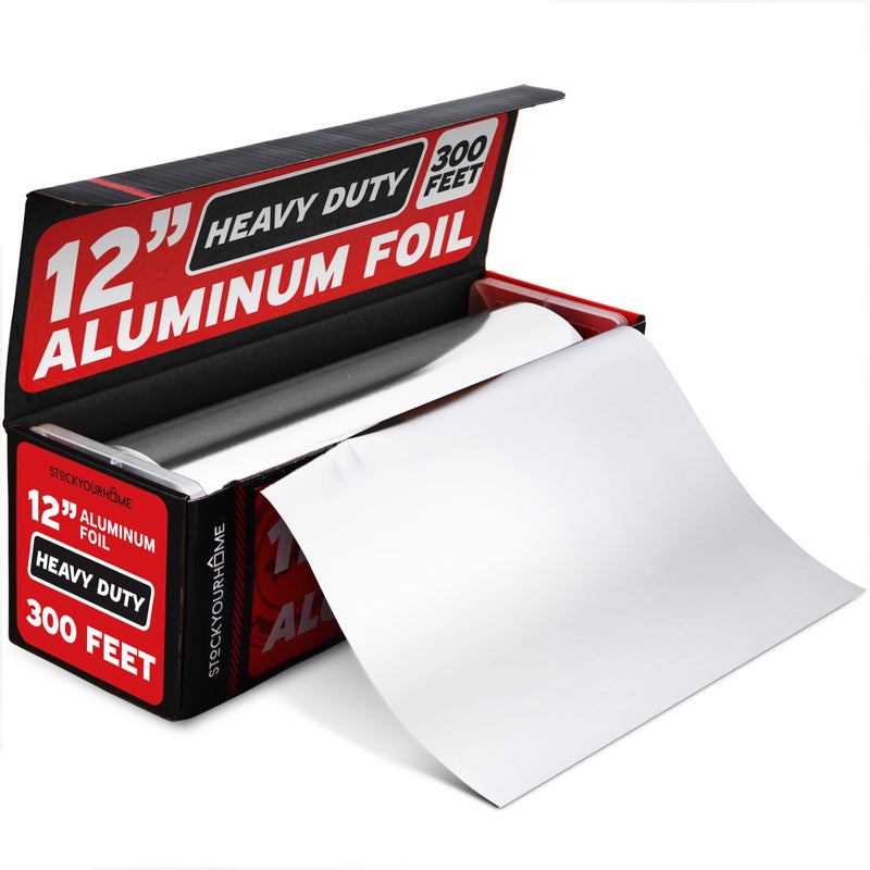 Stock Your Home Heavy Duty Aluminum Foil Roll 300 FT x 12 Inches Wide Aluminum Foil Heavy Duty Rolls Heavy Duty Foil with Easy Tear Dispenser Premium Tinfoil Roll to Wrap Store Food Silver