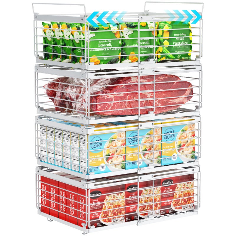 iSPECLE 4 Pack Freezer Organizer Bins Adjustable Wire Baskets for 10 to 20 CuFt Chest Freezer Stackable Storage with Handles Deep Freeze Organizer for Meat Vegetables White