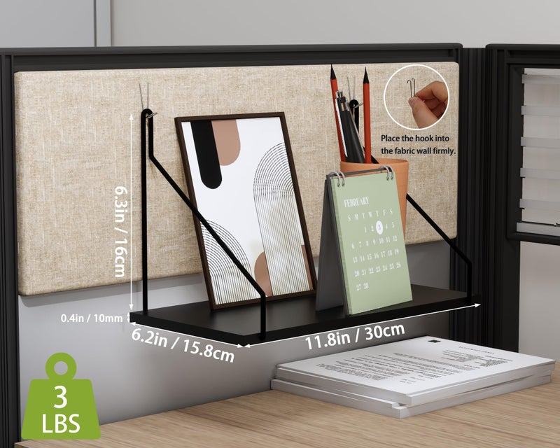 SoaShower Cubicle Shelf with Hooks â€“ 11.8" Office Cubicle Accessories for Work, Floating Wall Shelf for Decor, Hanging Organizer for Cubicle Wall Storage & Office Decorations&Black - Image 2