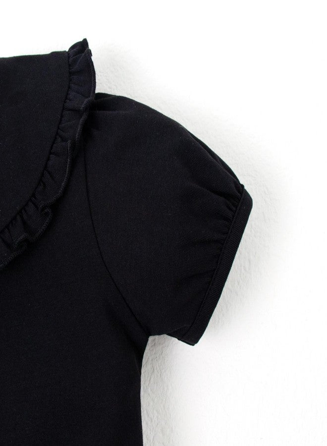 Magic Park تي شيرت قصير الأكمام للبنات من ماجيك بارك 12M-5T بلوزة مزخرفة للأطفال بلون صلب ملابس كاجوال ملابس عطلة (3 سنوات، أسود قصير) - Image 5