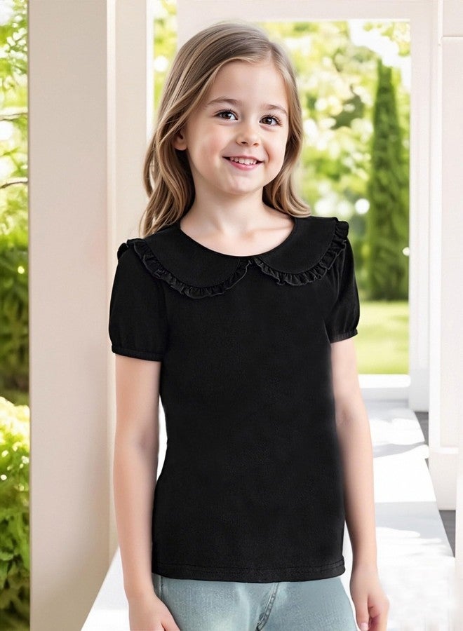 Magic Park تي شيرت قصير الأكمام للبنات من ماجيك بارك 12M-5T بلوزة مزخرفة للأطفال بلون صلب ملابس كاجوال ملابس عطلة (3 سنوات، أسود قصير) - Image 2