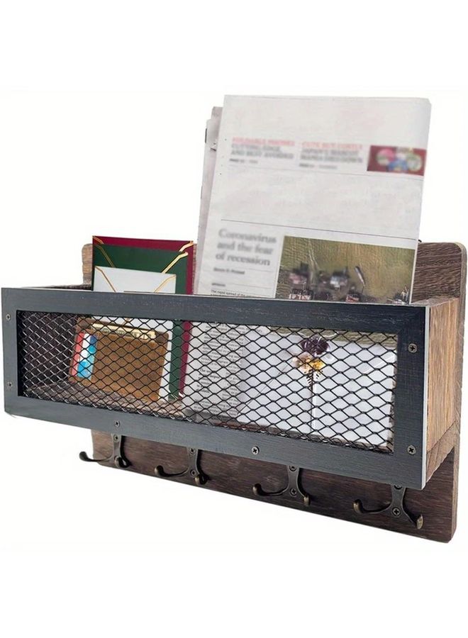 حامل مفاتيح بني مثبت على الحائط مع منظّم بريد مزود بـ 4 خطافات مزدوجة للمدخل - Image 1