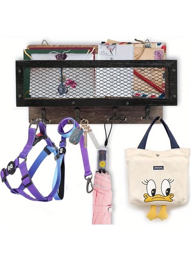 حامل مفاتيح بني مثبت على الحائط مع منظّم بريد مزود بـ 4 خطافات مزدوجة للمدخل - Image 5