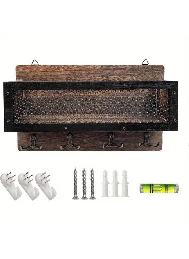 حامل مفاتيح بني مثبت على الحائط مع منظّم بريد مزود بـ 4 خطافات مزدوجة للمدخل - Image 3