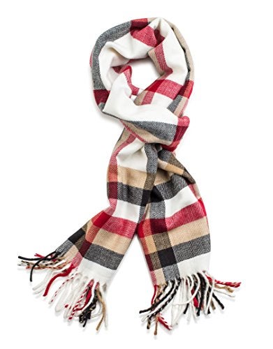 VERONZ Super Soft Luxurious Classic Cashmere Feel Winter Scarf (White Red Plaid) - Image 1