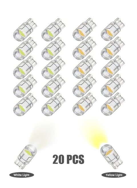 20 Pcs LED Light Bulbs White and Yellow, 6000K 68 2825 W5W T10  COB LED Wedge  Replacement Bulbs, Mini Bulbs for License Plate Lights, Car Position Lamps, Map Light