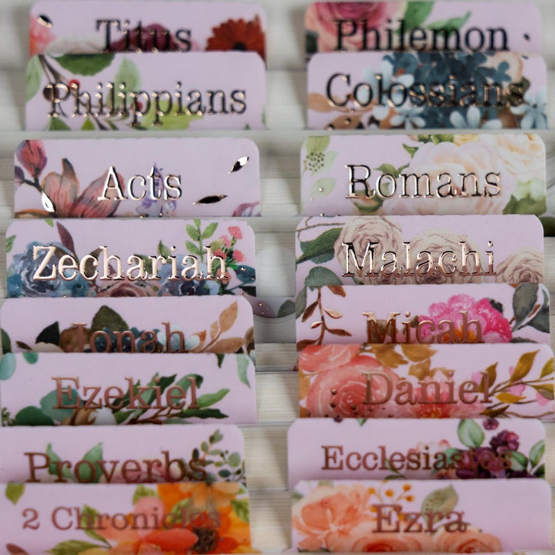 UPAFEXXI-Laminated Bible Tabs for Women and Men (Gold Foil Embossed Lettering) Reposition Large Print tabs, Easy to Read and Apply, 80 Bible Chapters Labels for Easy Navigation(Pink and Floral) - Image 4