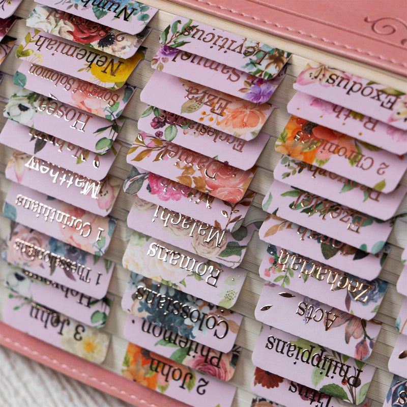 UPAFEXXI-Laminated Bible Tabs for Women and Men (Gold Foil Embossed Lettering) Reposition Large Print tabs, Easy to Read and Apply, 80 Bible Chapters Labels for Easy Navigation(Pink and Floral) - Image 2