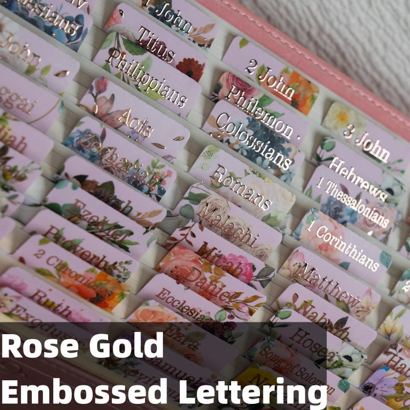 UPAFEXXI-Laminated Bible Tabs for Women and Men (Gold Foil Embossed Lettering) Reposition Large Print tabs, Easy to Read and Apply, 80 Bible Chapters Labels for Easy Navigation(Pink and Floral) - Image 3