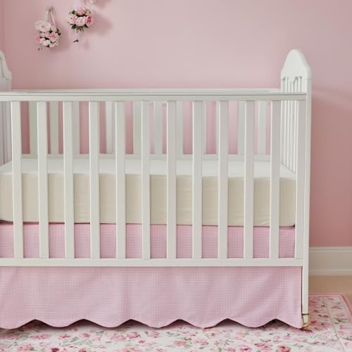Brandream Scallop Edge Cotton Crib Skirt Baby Boy Girl Gender Neutral Crib Skirt Toddler Bedskirt Farmhouse Chic Plaid Nursery Crib Bed Skirt Gingham Check Pink - Image 1