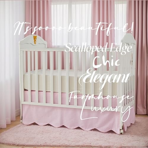 Brandream Scallop Edge Cotton Crib Skirt Baby Boy Girl Gender Neutral Crib Skirt Toddler Bedskirt Farmhouse Chic Plaid Nursery Crib Bed Skirt Gingham Check Pink - Image 3