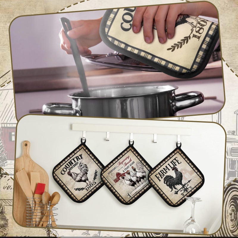 Bencailor 12 Pcs Pot Holders With Pocket Kitchen Hot Potholders Hot Pad Oven Mitts Cookie Bag Oven Gloves For Kitchen Gift Baking Cooking(Brown Farmhouse Rooster) - Image 4