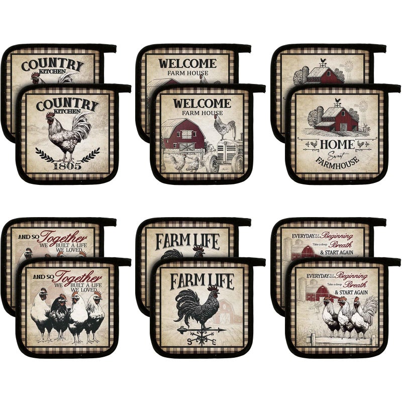 Bencailor 12 Pcs Pot Holders With Pocket Kitchen Hot Potholders Hot Pad Oven Mitts Cookie Bag Oven Gloves For Kitchen Gift Baking Cooking(Brown Farmhouse Rooster) - Image 1