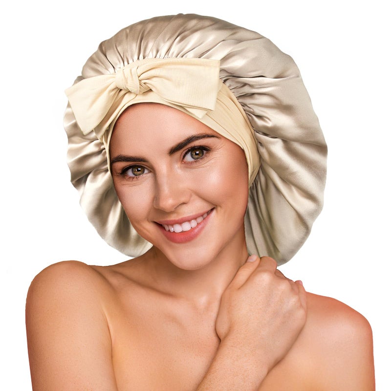 YFONG 100 22 Momme Mulberry Silk Bonnet for Sleeping Women Larger Double Layer Silk Hair Wrap for Curly Short Long Hair NonSlip Sleep Cap Turban with Elastic Tie Band for Hair Care Champagne