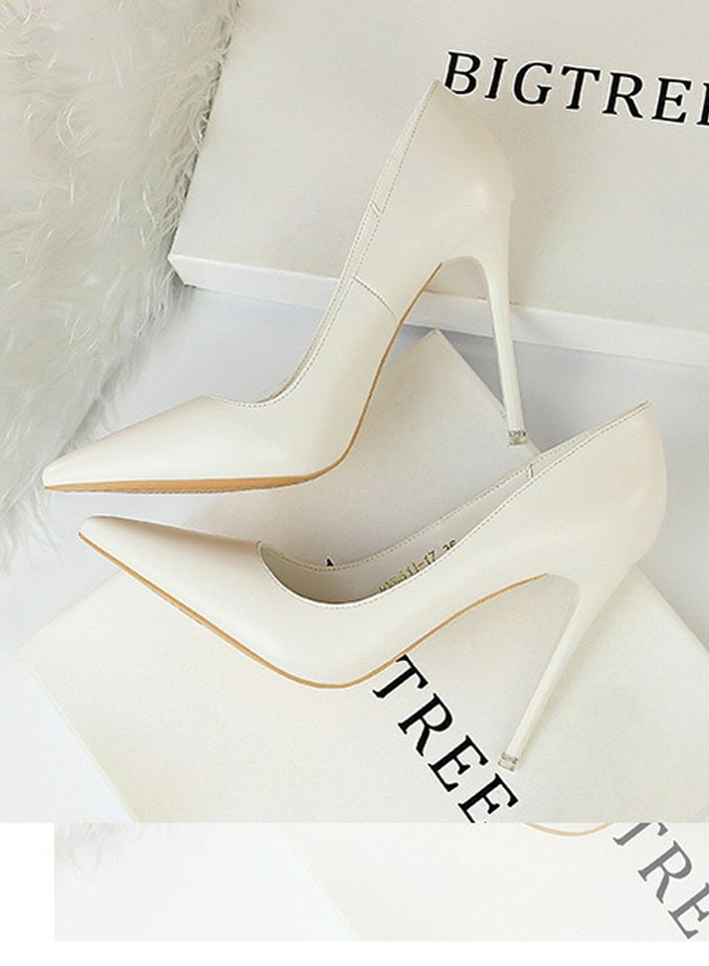 BIGTREE Women's Comfortable Stiletto Pumps 10.5cm Elegant Gorgeous Closed Pointed Toe Slip On Solid High Heels White  - Image 2