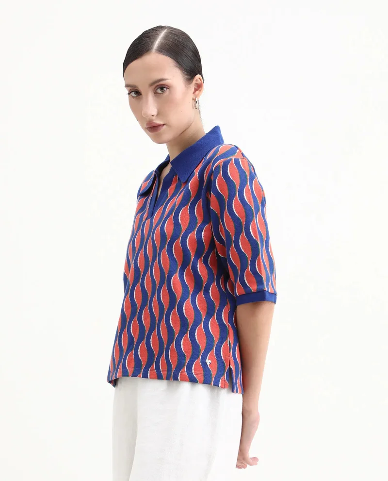 Rareism Women's Knit Jacquard Open Collared Polo