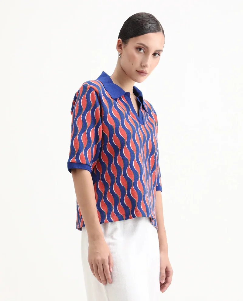Rareism Women's Knit Jacquard Open Collared Polo