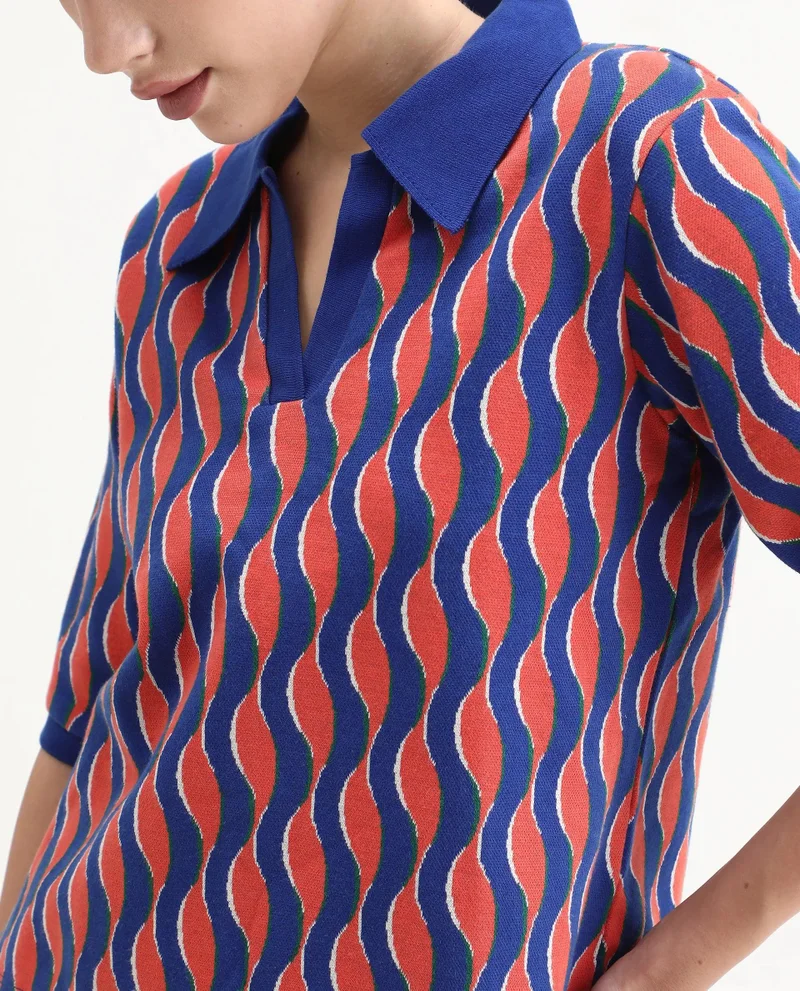 Rareism Women's Knit Jacquard Open Collared Polo