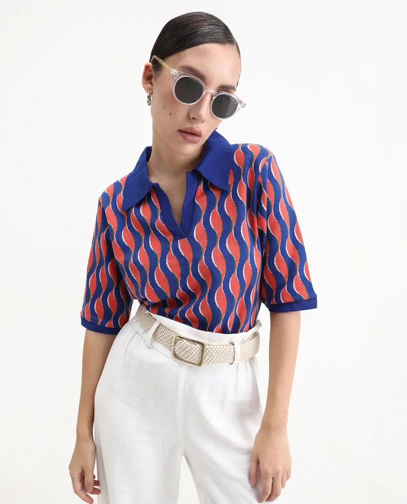 Rareism Women's Knit Jacquard Open Collared Polo
