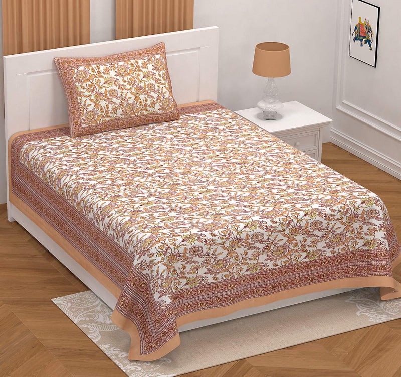 EasyGoods® 240 TC Cotton Bedsheet for Single Bed -Orange |Ethnic08 Bedsheet Single Size Bed Cotton|Single Size Bedsheet|Single Bedsheet with 1 Pillow Cover 60x90 Inch| Handcrafted Bed Sheets - Image 1