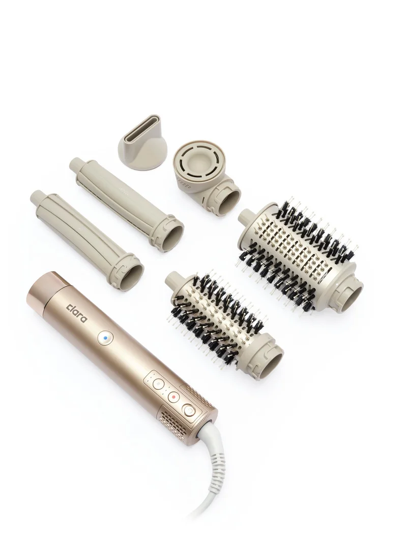 Clara  Multi Styler for All Hair Types – 6-in-1 Styling Tool with Auto-Wrap Curlers, Blow Dryer, Round & Oval Brush – 1500W Ionic Hair Styler for Frizz-Free Waves & Salon Blowouts, Silver/Beige Rose Gold for Women | Best Price UAE