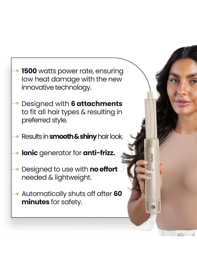 CLARA Multi Styler for All Hair Types – 6-in-1 Styling Tool with Auto-Wrap Curlers, Blow Dryer, Round & Oval Brush – 1500W Ionic Hair Styler for Frizz-Free Waves & Salon Blowouts
