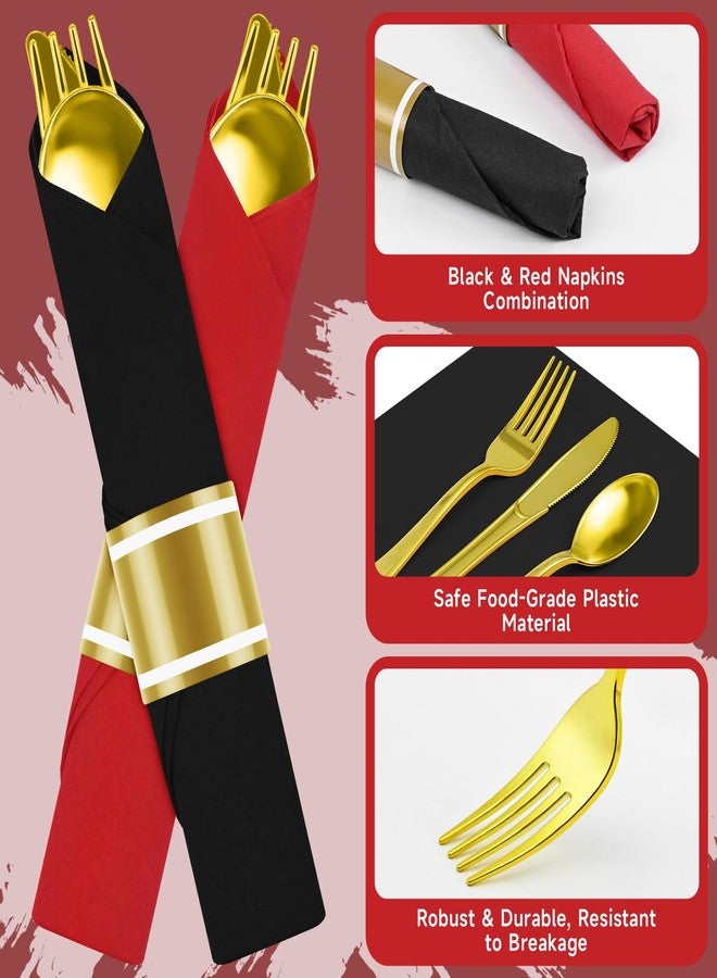 MEINV 100 Packs Gold Pre Rolled Plastic Silverware Sets - Black & Red Napkin Wrapped Disposable Plastic Cutlery Set with 100 Napkins, 100 Knives, 100 Forks and 100 Spoons for Wedding Birthday Party Dinner - Image 3