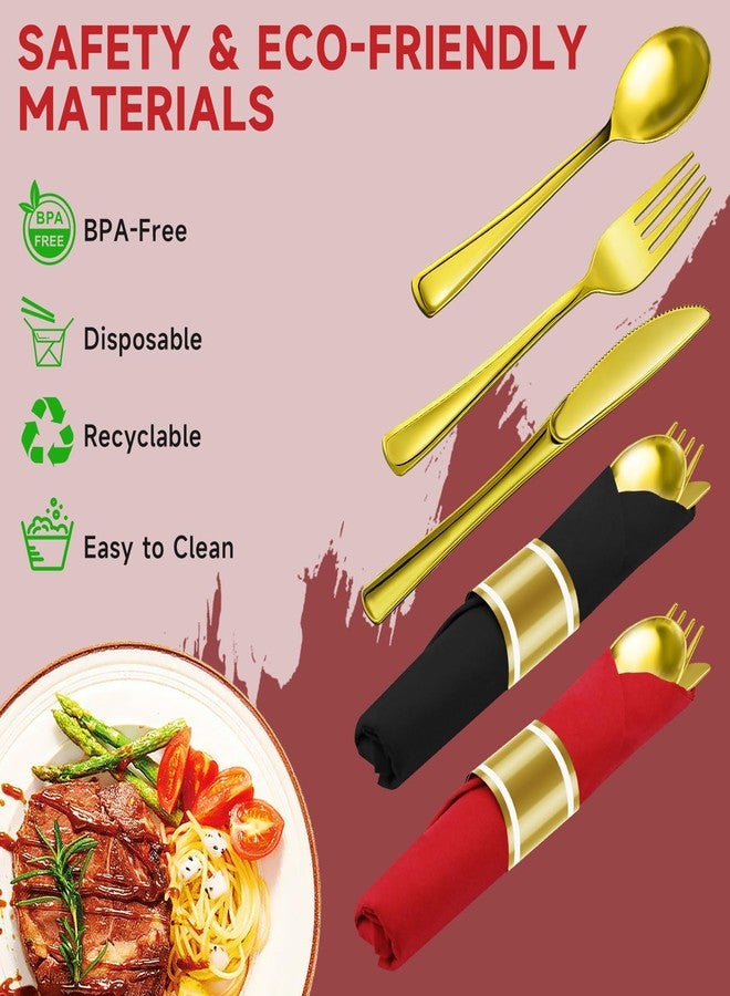 MEINV 100 Packs Gold Pre Rolled Plastic Silverware Sets - Black & Red Napkin Wrapped Disposable Plastic Cutlery Set with 100 Napkins, 100 Knives, 100 Forks and 100 Spoons for Wedding Birthday Party Dinner - Image 5