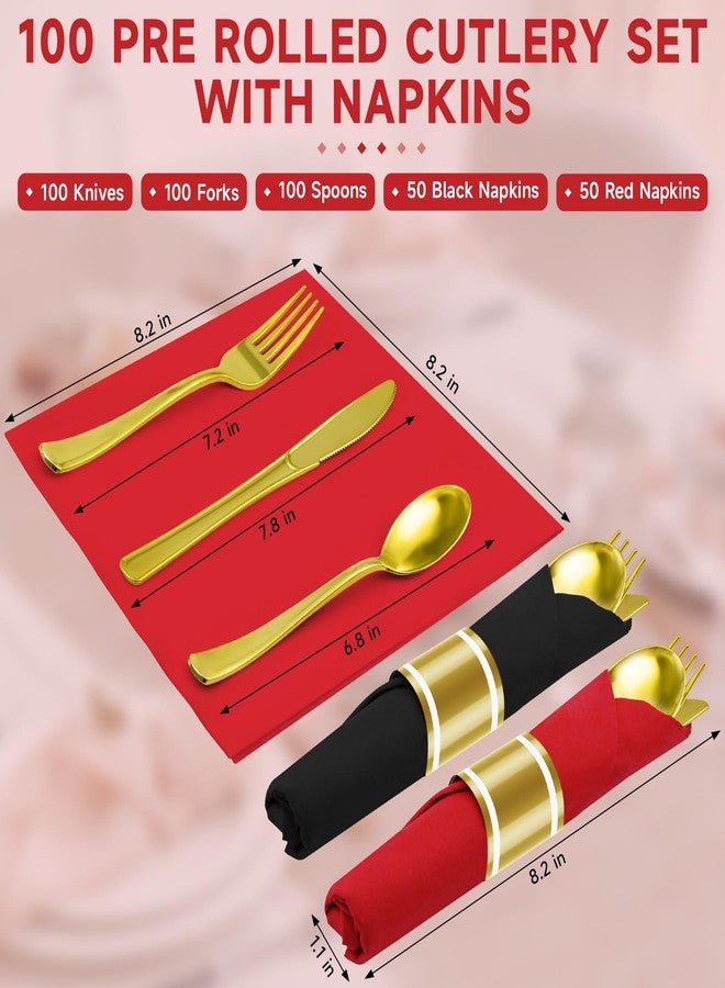 MEINV 100 Packs Gold Pre Rolled Plastic Silverware Sets - Black & Red Napkin Wrapped Disposable Plastic Cutlery Set with 100 Napkins, 100 Knives, 100 Forks and 100 Spoons for Wedding Birthday Party Dinner - Image 2