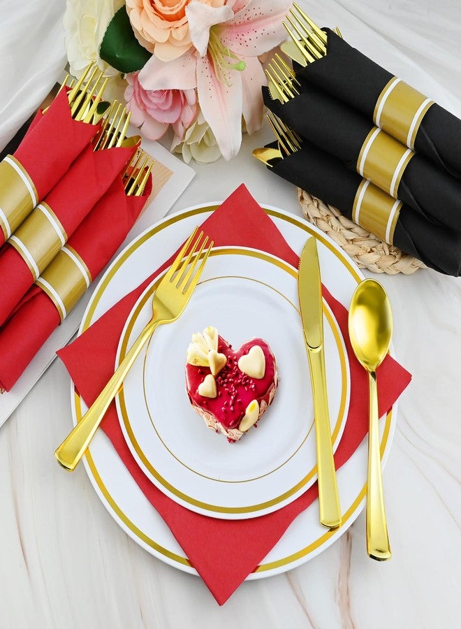 MEINV 100 Packs Gold Pre Rolled Plastic Silverware Sets - Black & Red Napkin Wrapped Disposable Plastic Cutlery Set with 100 Napkins, 100 Knives, 100 Forks and 100 Spoons for Wedding Birthday Party Dinner - Image 4